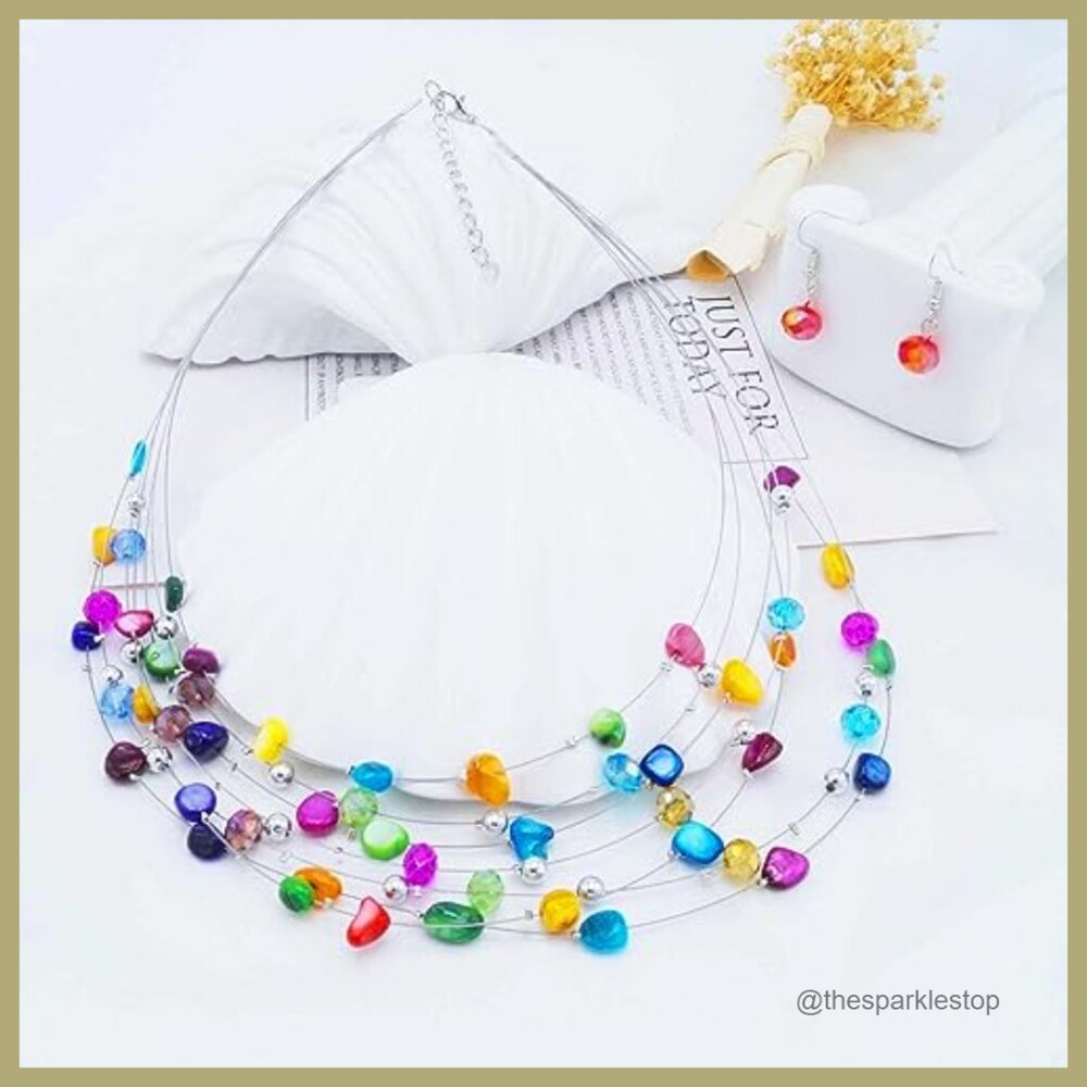 Shell Crystal Bead Statement Necklace Earring Set… - image 6